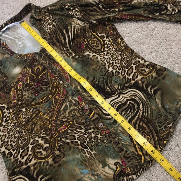 Vintage Y2K Animal Paisley Print Ruched Sleeve Button Up Top - Picture 15 of 16